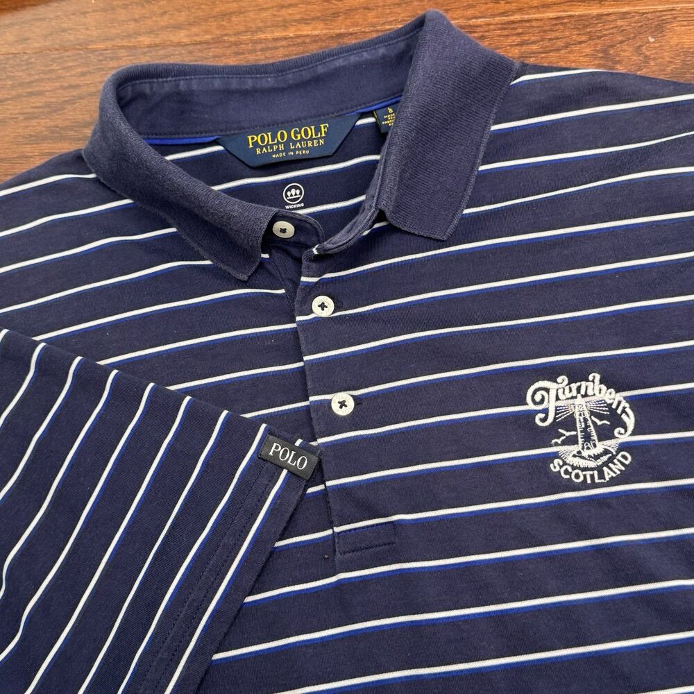 Polo Ralph Lauren Shirt Men L Moisture Wicking Blue Stripe Turnberry Golf Club